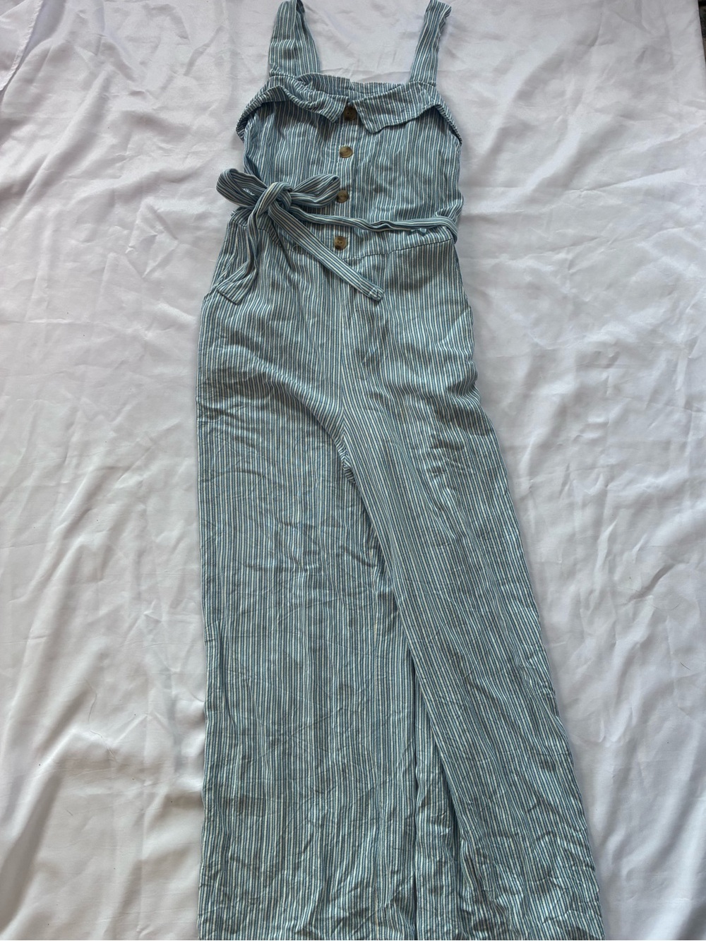 Linen Monteau Blue & White Striped Sleeveless Tie-Waist Jumpsuit - Picture 2 of 9